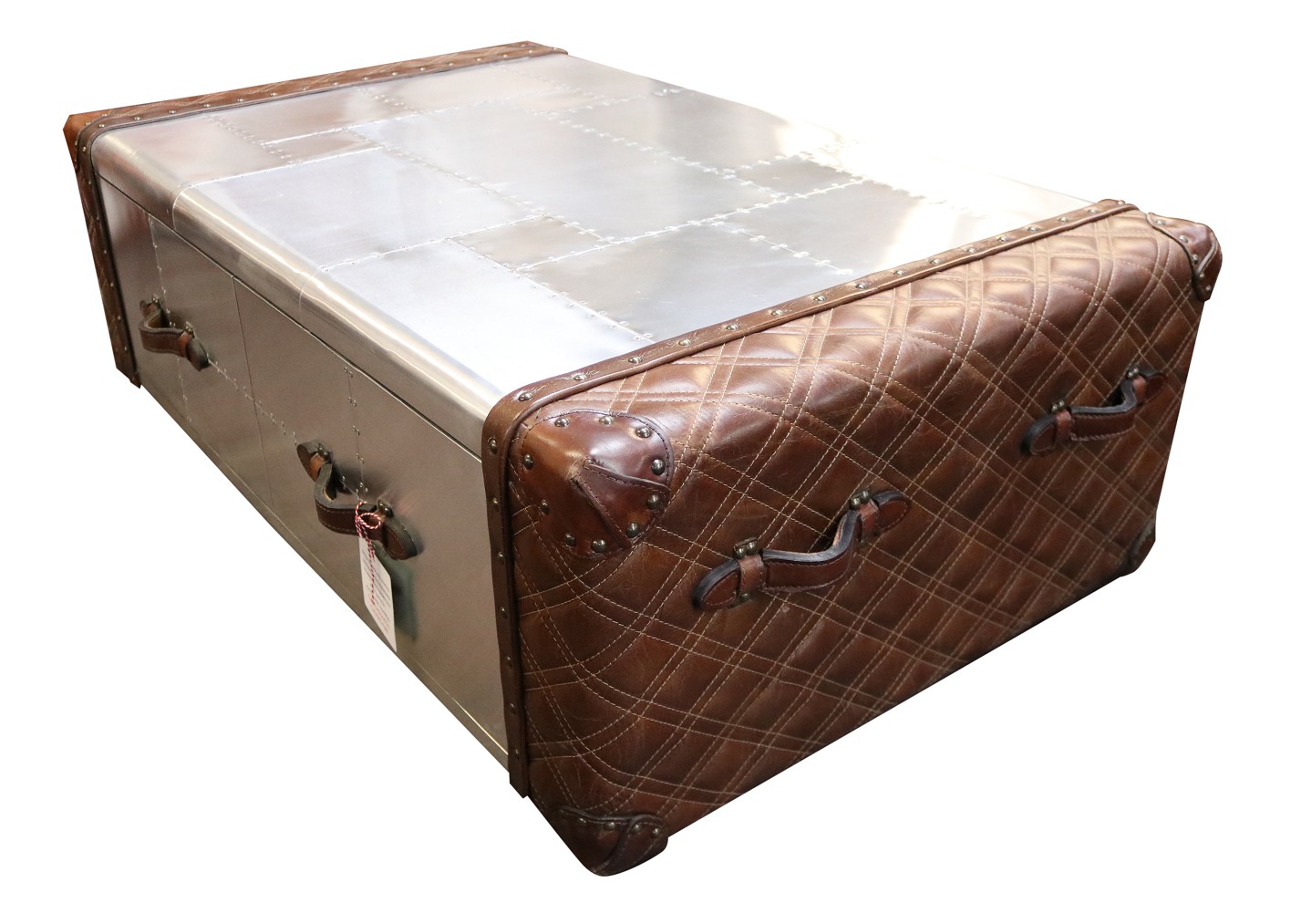 Stockists of Aviator 2 Drawer Coffee Table Vintage Metal Aluminium Brown Real Leather