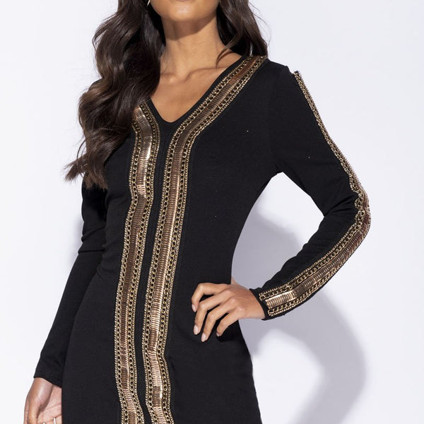 Black Chain Trim V Neck Long Sleeve Bodycon Dress Stockists.