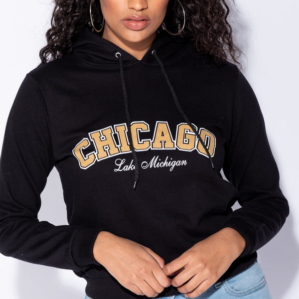 Black Chicago Print Hooded Top Stockists.