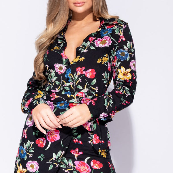 Black Multi Floral Button Up Wrap Front Long Sleeve Dress Stockists.