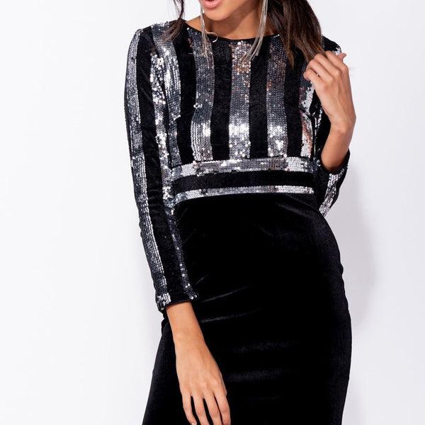 Black Multi Sequin Velvet Long Sleeve Bodycon Dress Stockists.