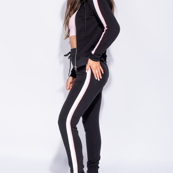 Black Side Stripe Zip Front Hooded Lounge Set Stockists.