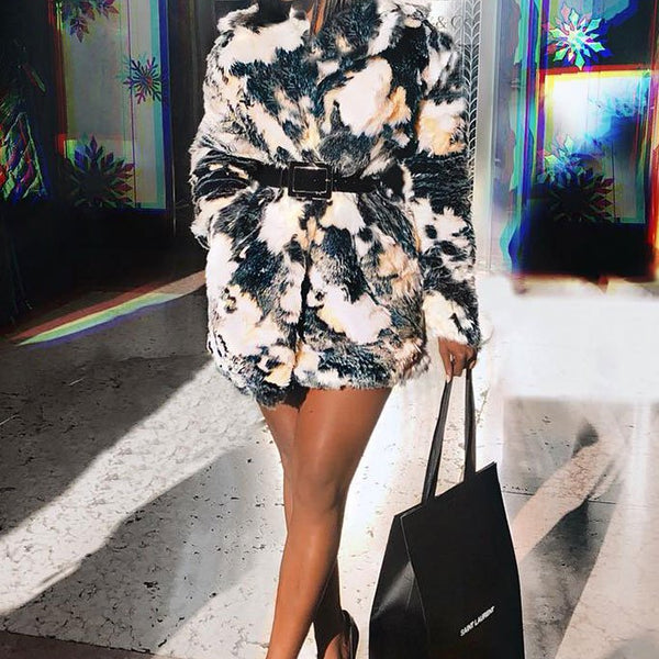 Black White Cow Print Long Line Faux Fur Coat Stockists.