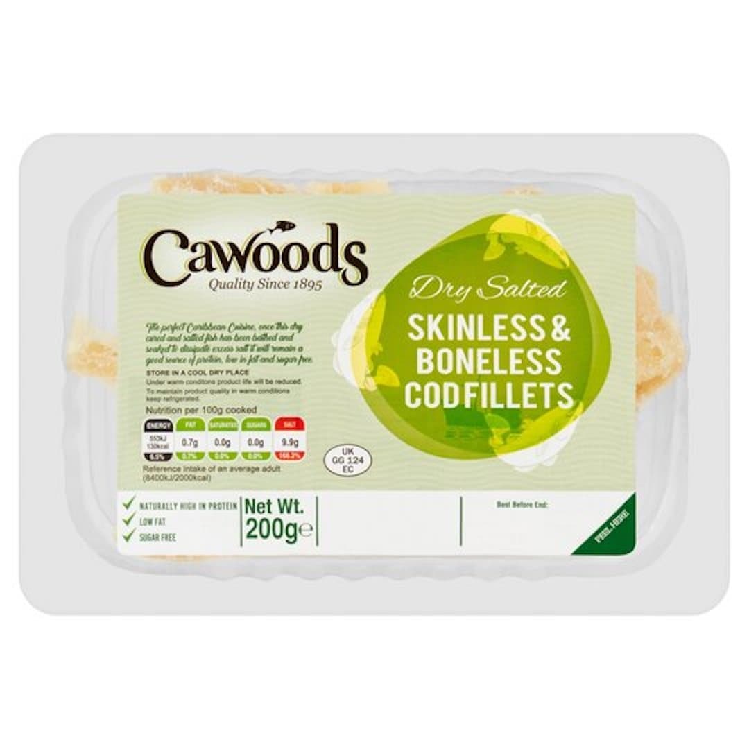 Cawoods Dry Salted Skinless Boneless Cod Fillets 200gr Stockists.