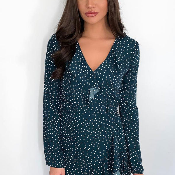 Green Polka Dot Frill Detail Long Sleeve Mini Dress Stockists.