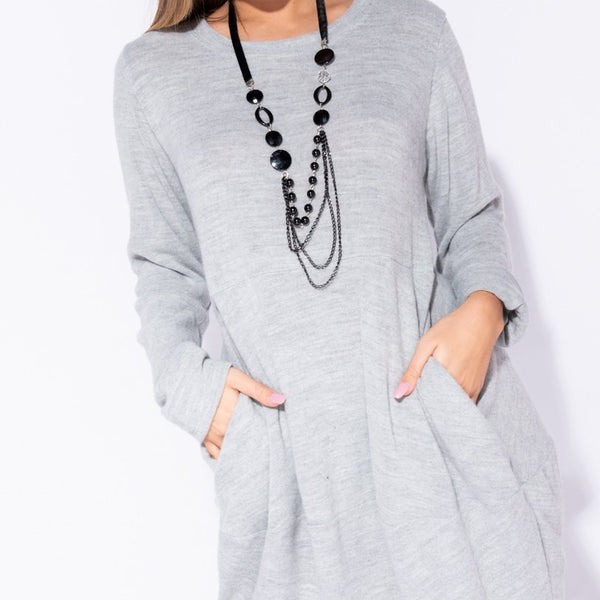 Grey Necklace Trim Pocket Detail Knit Jumper Dress Stockists.