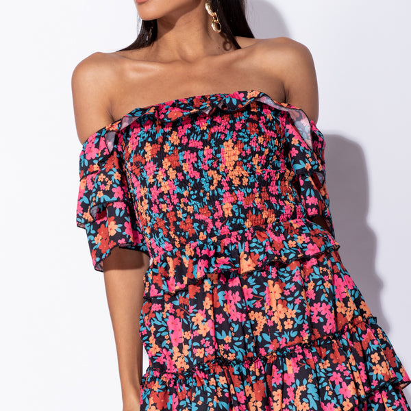 Multi Ditsy Floral Tiered Frill Bandeau Mini Dress Stockists.