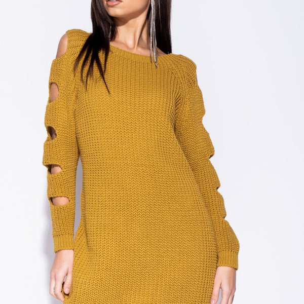 Mustard Cut Out Sleeve Scoop Neck Jumper Dress Stockists.