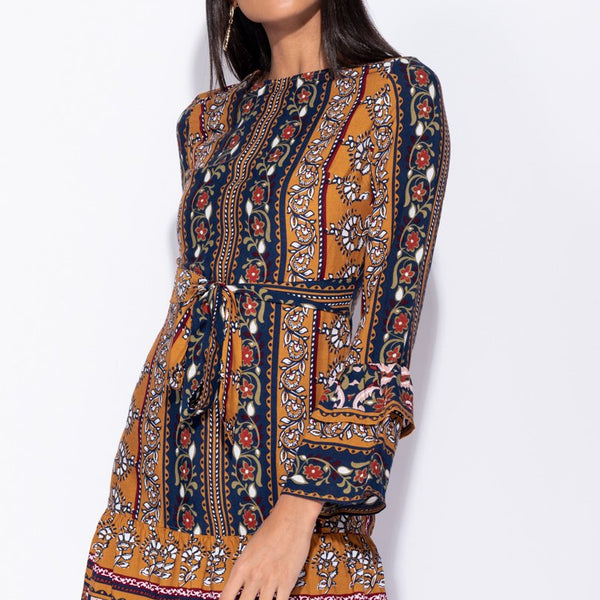 Mustard Floral Stripe Frill Sleeve Waist Tie Mini Dress Stockists.