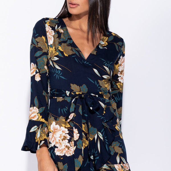 Navy Floral Wrap Front Frill Sleeve Waist Tie Mini Dress Stockists.