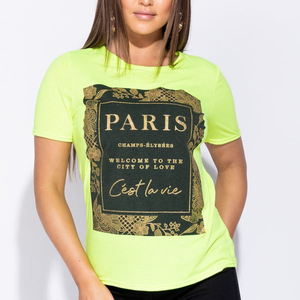Neon Green Paris Print Short Sleeve T Shirt Stockists.
