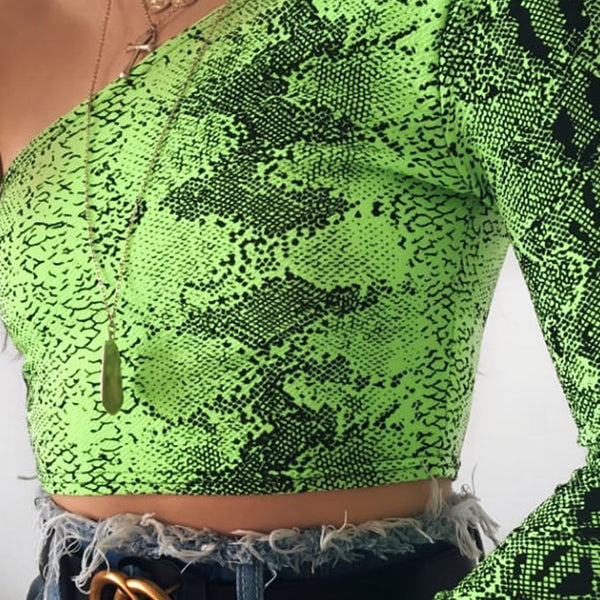 Neon Green Snake Print One Shoulder Crop Top Stockists.