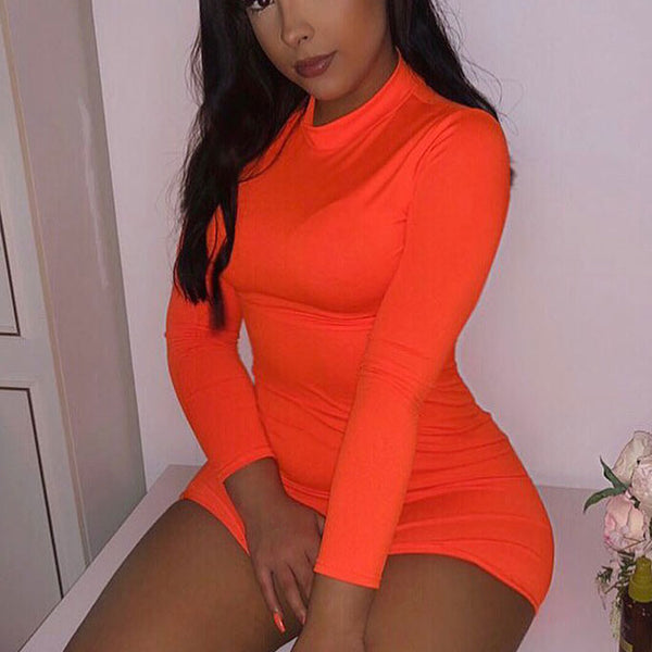 Neon Orange High Neck Long Sleeve Bodycon Mini Dress Stockists.