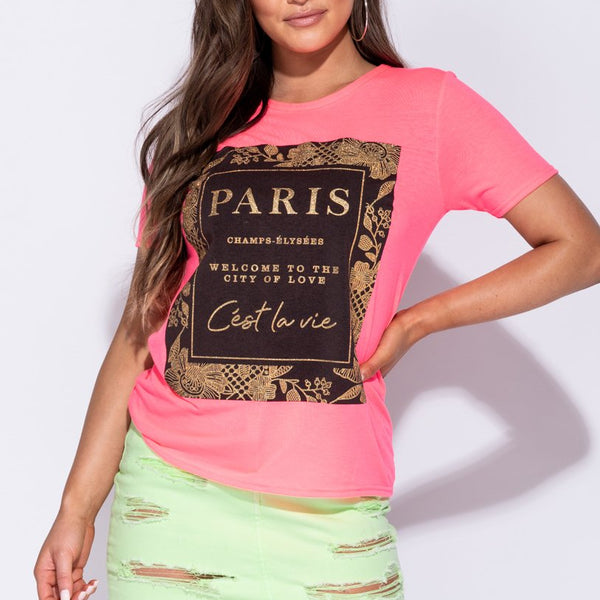 Neon Pink Paris Print Short Sleeve T Shirt Stockists.