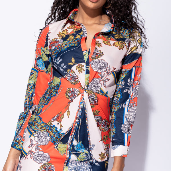 Orange Blue Scarf Print Long Sleeve Open Neck Shirt Dress Stockists.