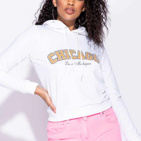 White Chicago Print Hooded Top Stockists.