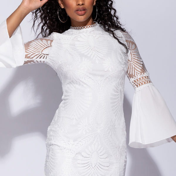 White Eyelash Trim Lace Flare Sleeve Mini Dress Stockists.