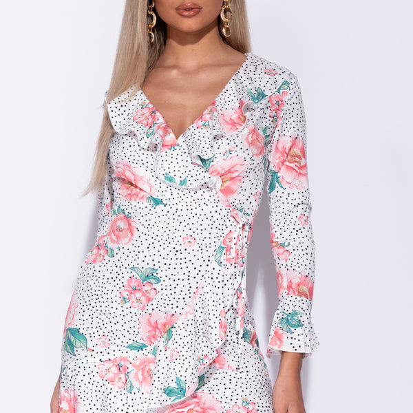 White Floral Frill Detail Long Sleeve Dress Stockists.