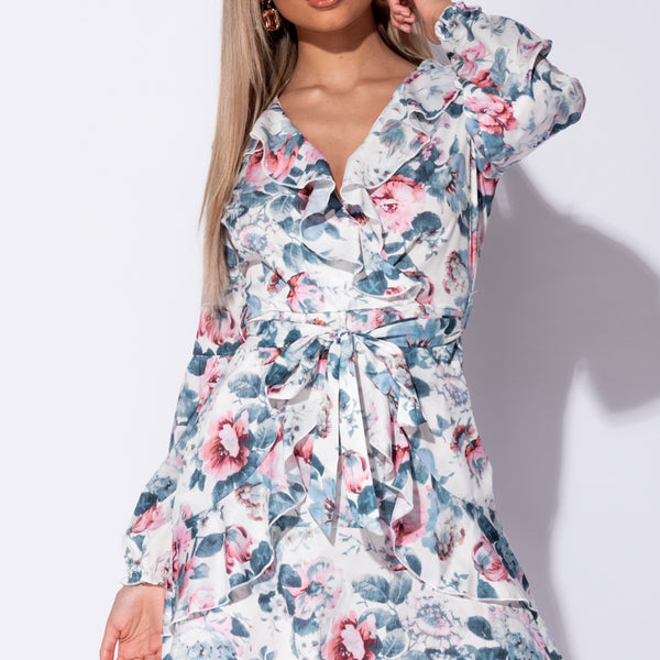 White Floral Frill Detail Puff Sleeve Self Belt Mini Dress Stockists.