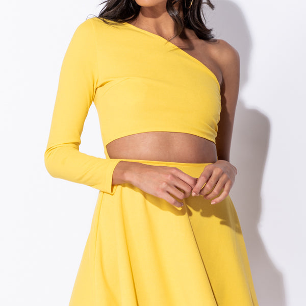 Yellow Cut Out Waist One Shoulder Skater Dress Stockists.